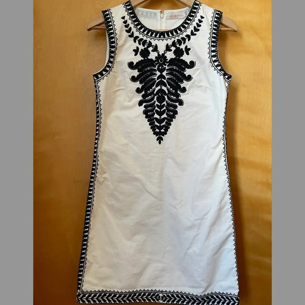 NWT Tory Burch Black & White Camille Embroidered Linen Shift Dress Size 2 - Picture 3 of 8